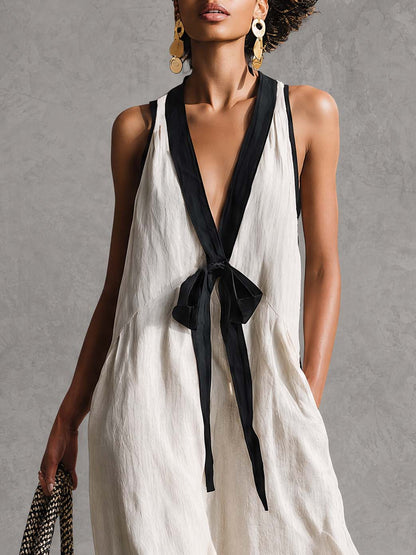 Bohemian Style White And Black Color Blocked Sleeveless V-neck Maxi Dress