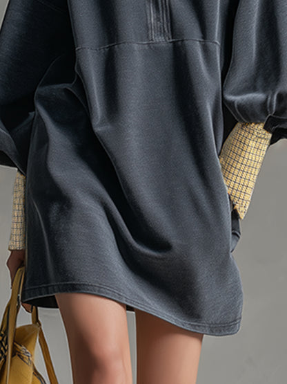 Casual Sporty Plaid Trim Gray Washed Cotton Sweatshirt Mini Dress