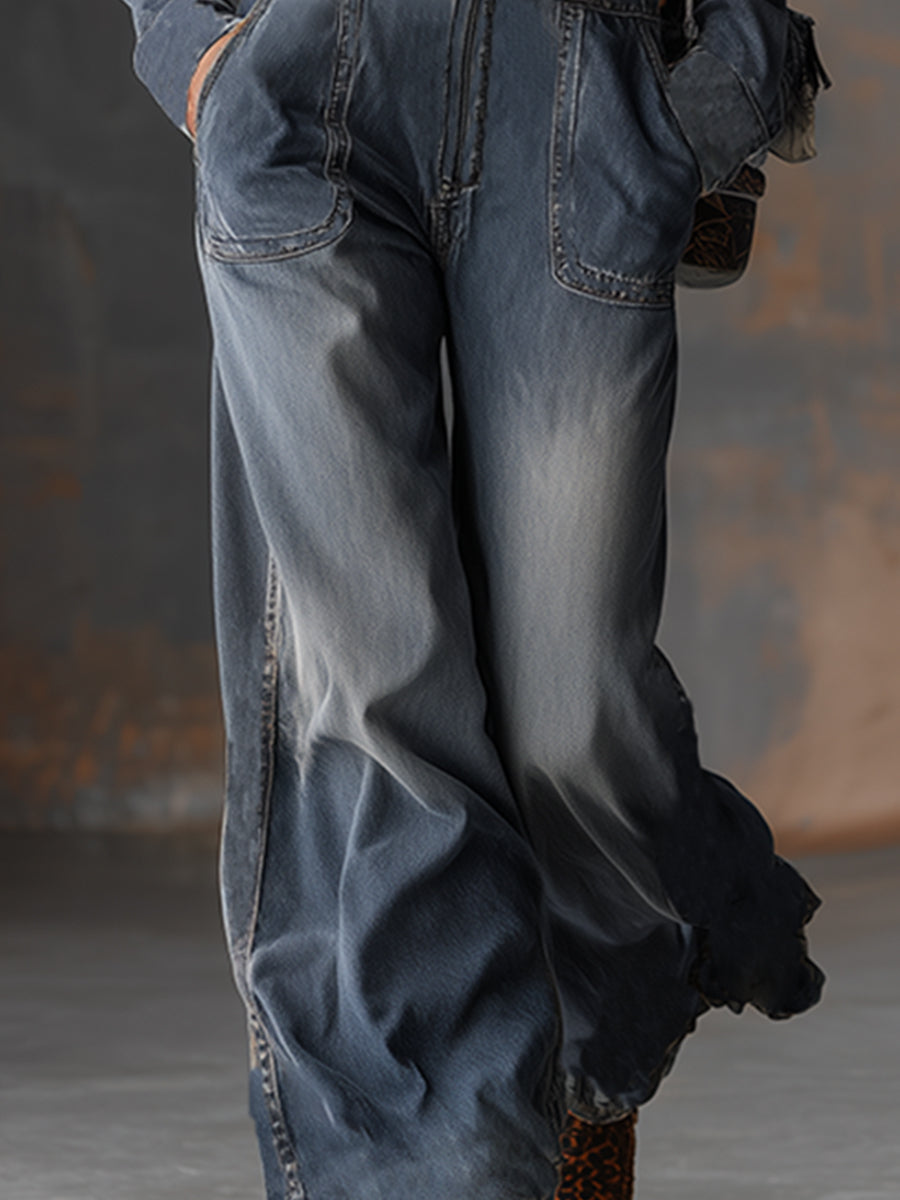 Retro Front Zipper Gray-blue Denim Hooded Jumpsuit