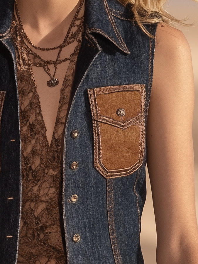 Cool Pocket Western Denim Lapel Vest