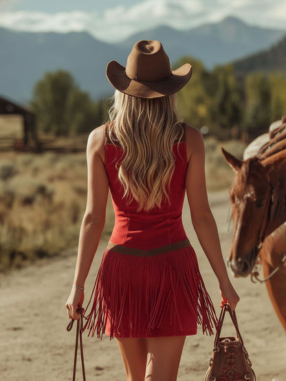 Western-style Color-blocked Faux Suede Embroidered Tassel Sleeveless Mini Dress