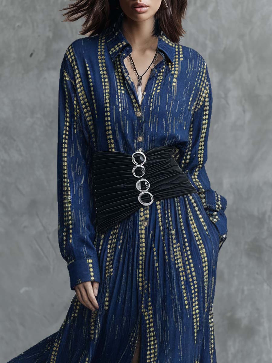 Retro Fashion Gold Polka Dot Pattern Blue Tencel Denim Shirt Style Maxi Dress