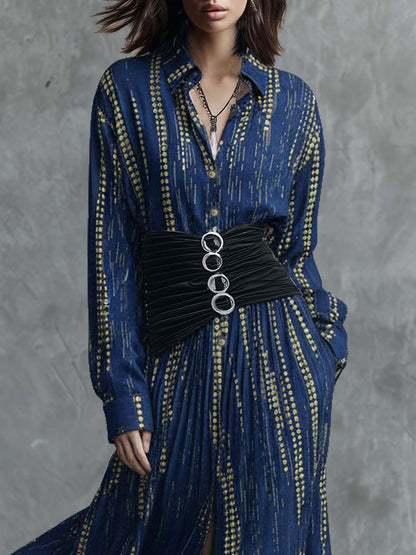 Retro Fashion Gold Polka Dot Pattern Blue Tencel Denim Shirt Style Maxi Dress