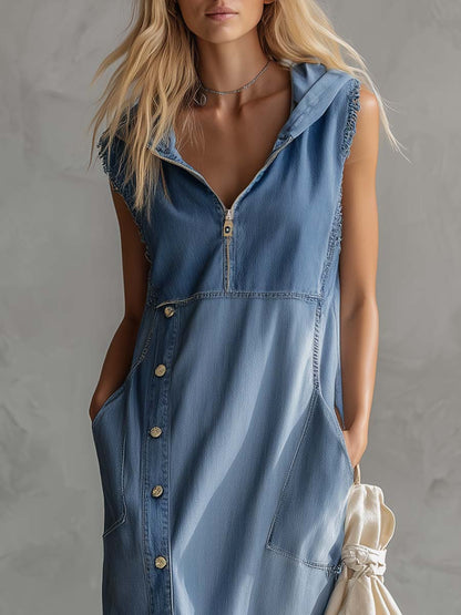 Exquisite Vintage Casual Hooded V-neck Zipper Side Slits Buttons Blue Denim Midi Dress