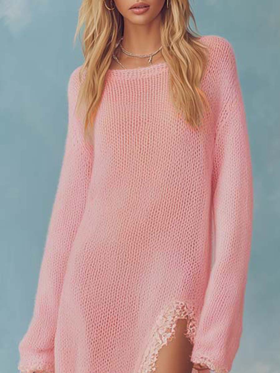 Retro Comfortable Lazy Round Neck Slit Detail Lace Trim Light Pink Lightweight Knitted Maxi Dress