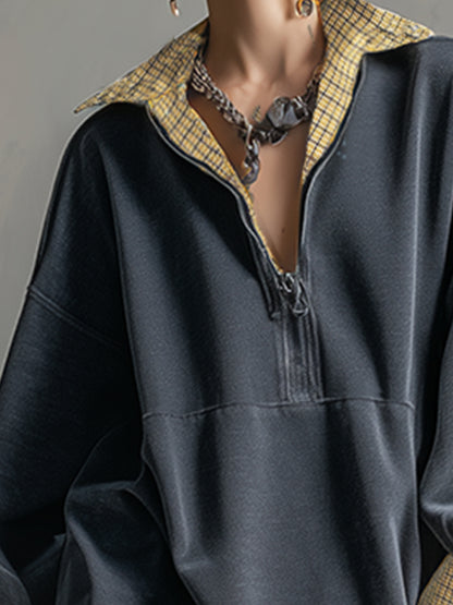 Casual Sporty Plaid Trim Gray Washed Cotton Sweatshirt Mini Dress