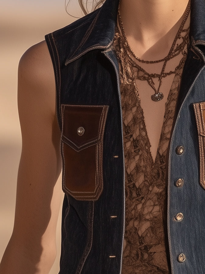 Cool Pocket Western Denim Lapel Vest