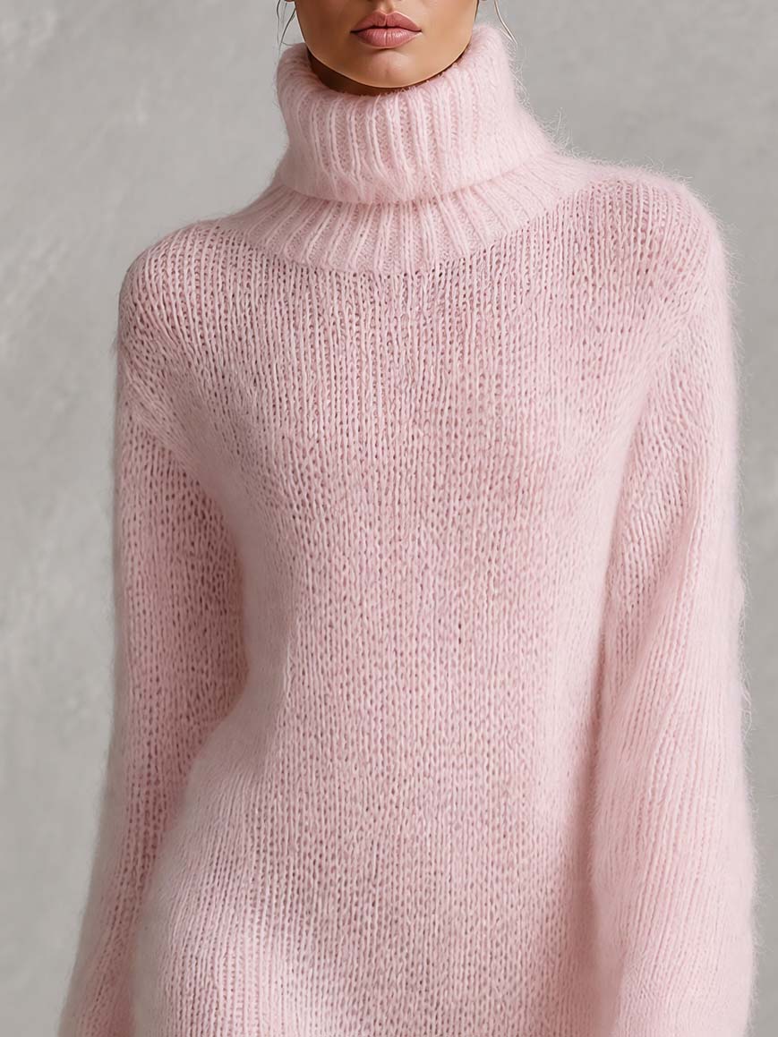 Boho Light Pink Fuzzy Mohair-Style Fringe Hem Turtleneck Mini Sweater Dress
