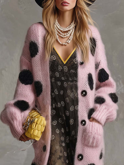 Vintage Fashion Lazy Front Button Black Polka Dot Pink Imitation Rabbit Fur Knitted Long-sleeved Cardigan