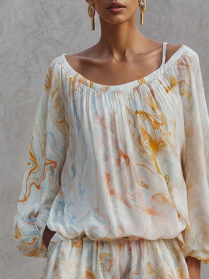 Elegant Urban Print White Chiffon Set