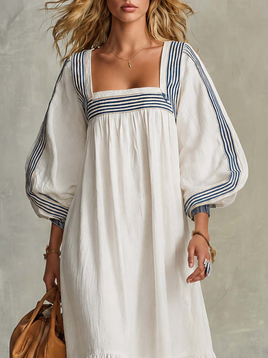 Coastal Striped-Trim Cotton-Linen Square-Neck Puff-Sleeve Babydoll Maxi Dress