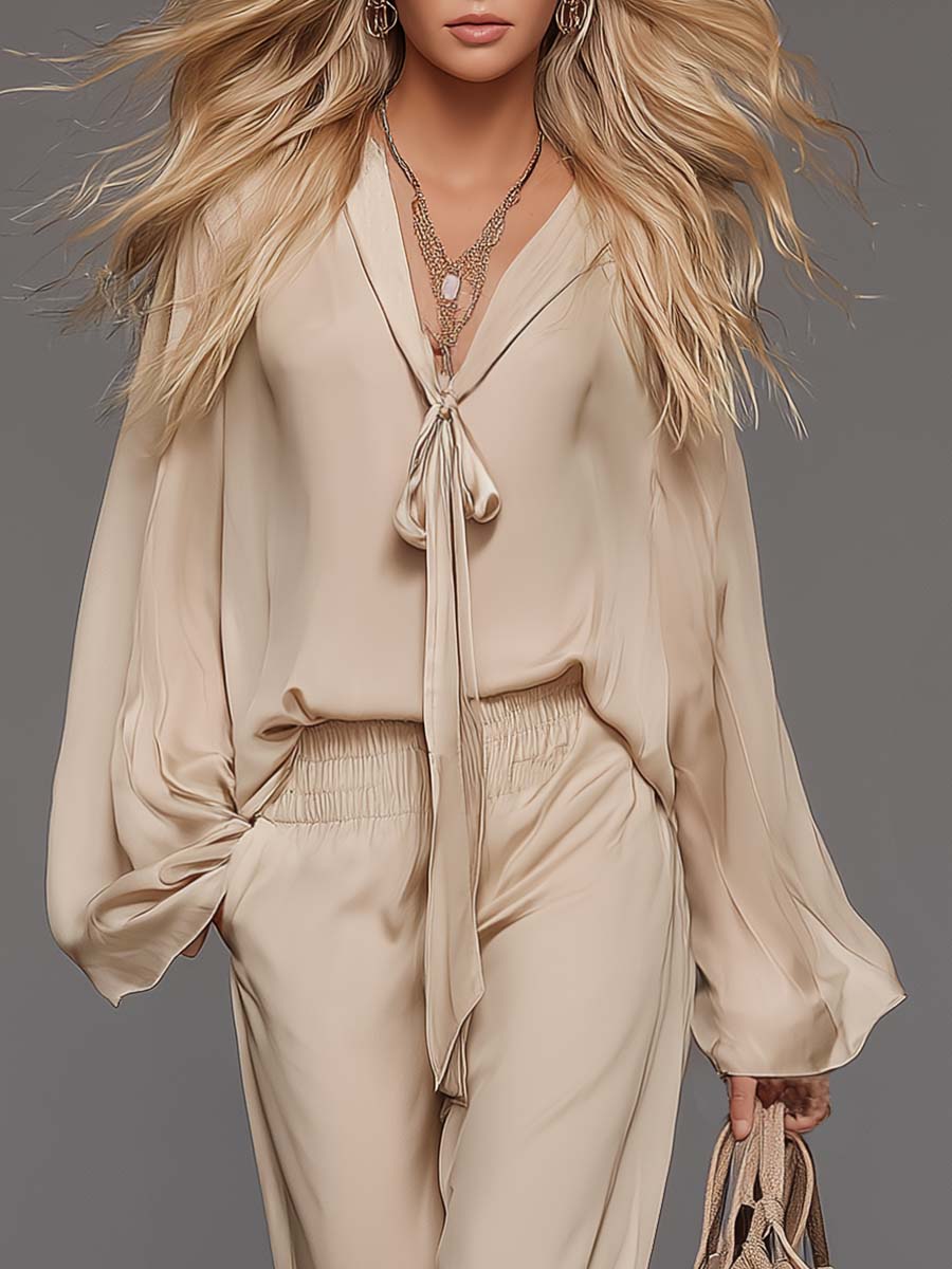 Elegant Flowing Versatile Tie-front V-neck Flared Sleeves Beige Chiffon Blouse And Pants Set