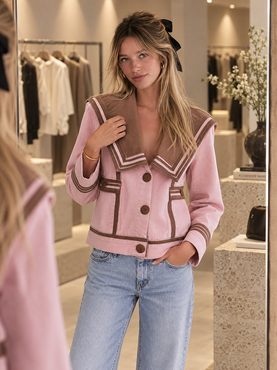 Pink Sailor Collar Denim Jacket And Flare Pants Set