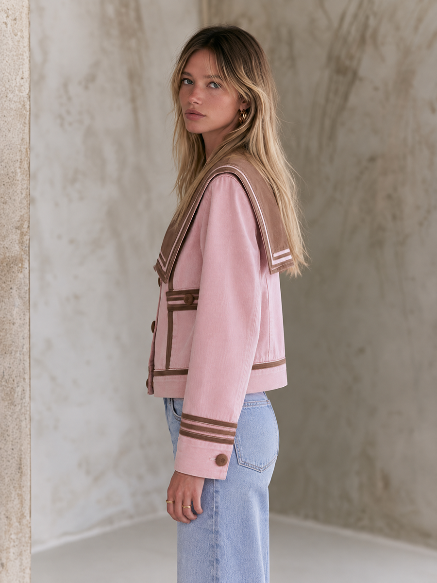 Pink Sailor Collar Denim Jacket And Flare Pants Set
