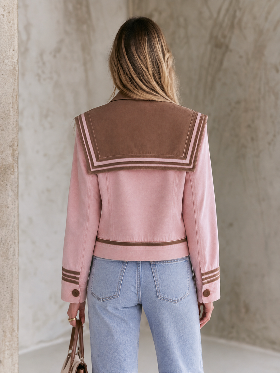 Pink Sailor Collar Denim Jacket And Flare Pants Set