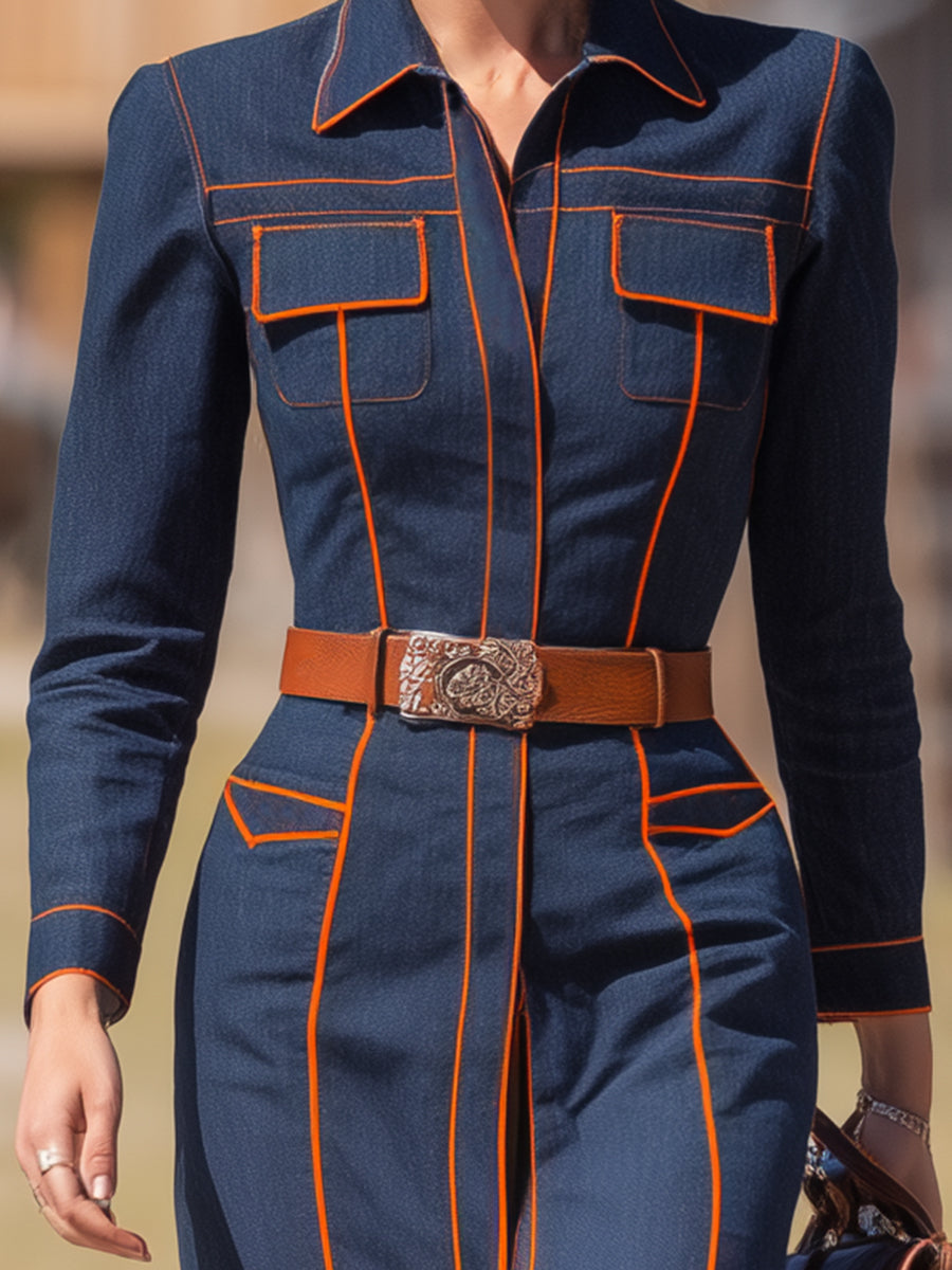 Stylish Blue Denim Patchwork Orange Striped Mini Dress