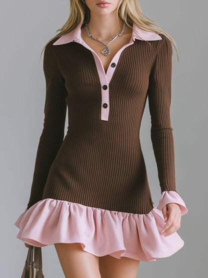 Half-zip Color-blocked Ruffled Long-sleeved Athletic Mini Dress