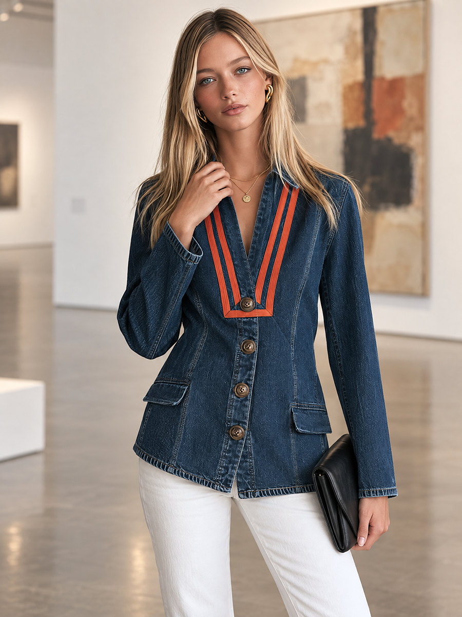 Navy Knit Cardigan Jacket V Neck Button Front Contrast Trim