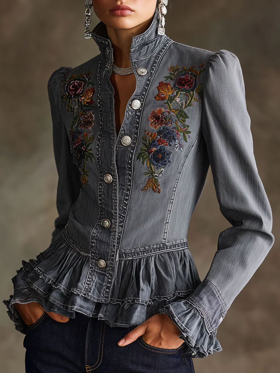 Casual Retro Floral Embroidered Ruffled Gray-blue Denim Jacket