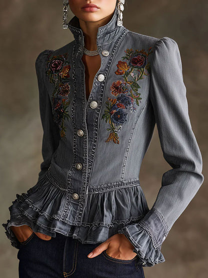 Casual Retro Floral Embroidered Ruffled Gray-blue Denim Jacket