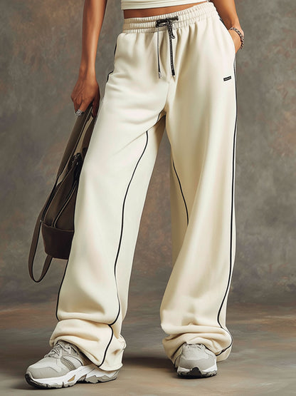 Retro Sporty Beige Vest And Wide-leg Pants Set