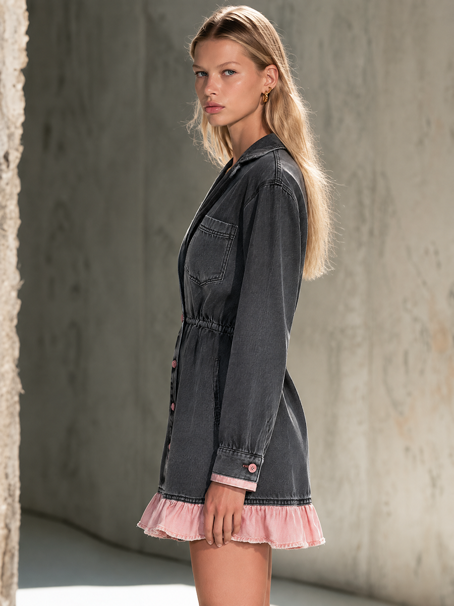 Black Denim Shirt Dress Pink Ruffle Hem Elastic Waist Tunic