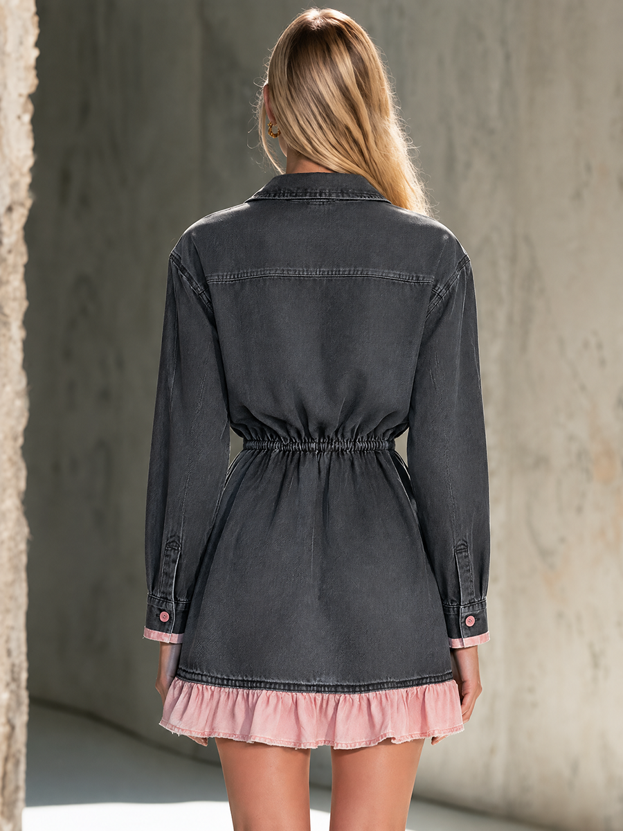 Black Denim Shirt Dress Pink Ruffle Hem Elastic Waist Tunic