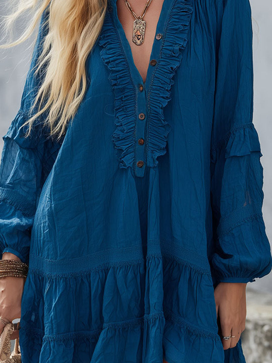 V-neck Button-down Ruffled Cotton Long-sleeved Mini Dress