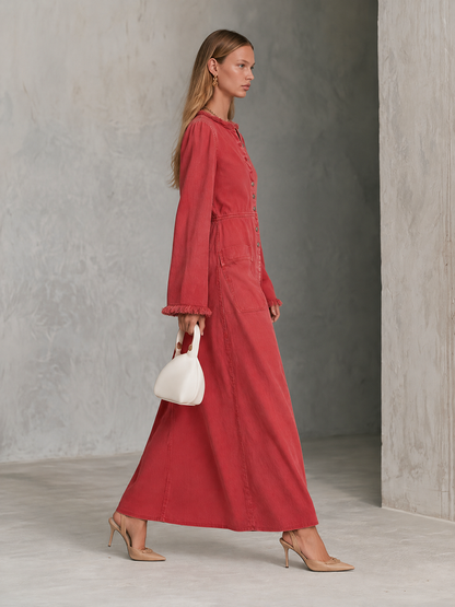 Coral Linen Maxi Shirt Dress Button Front Pocket Long Dress