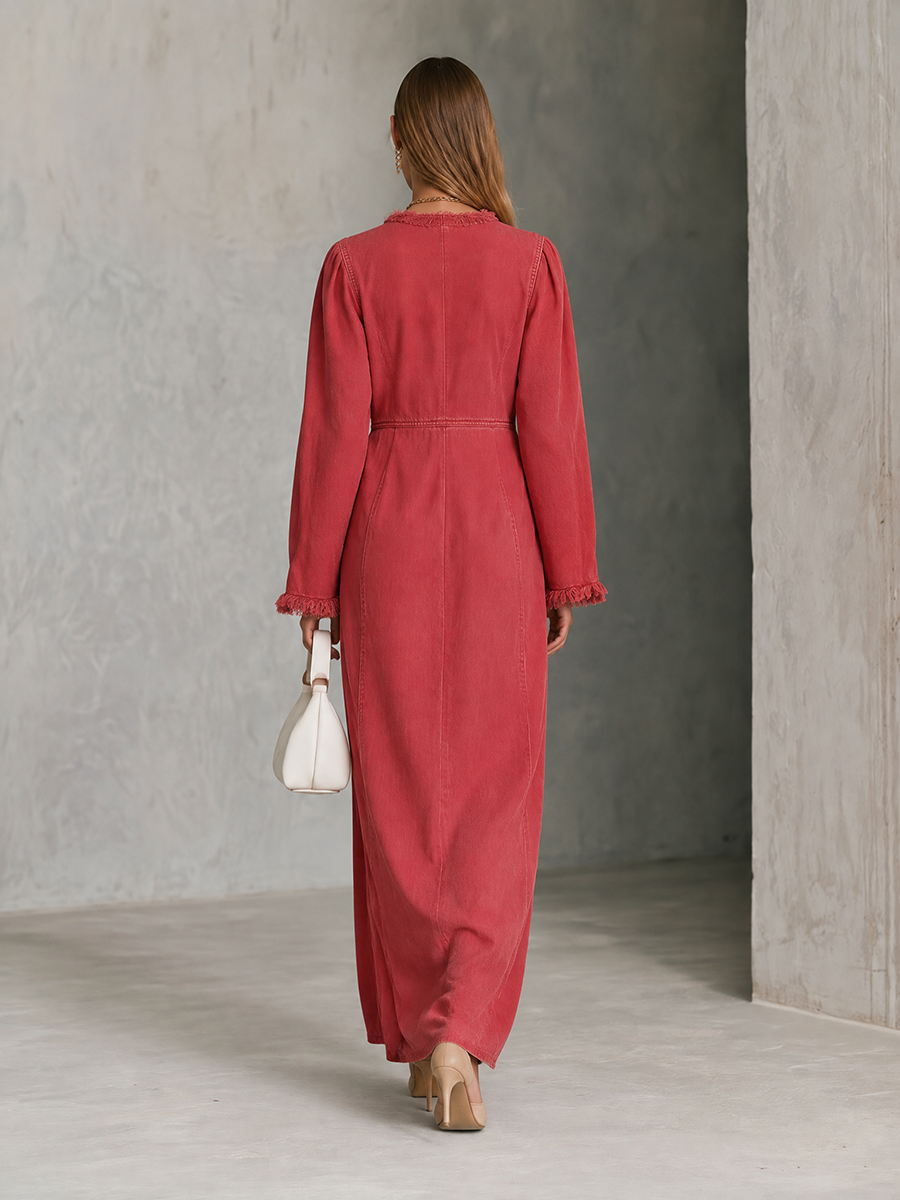 Coral Linen Maxi Shirt Dress Button Front Pocket Long Dress