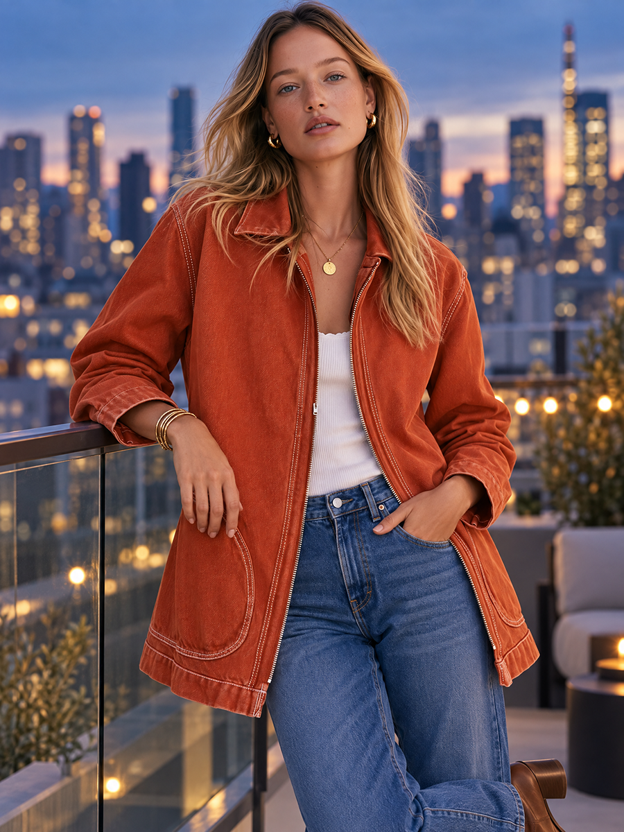 Rust Zip Front Denim Chore Jacket With Patch Pockets