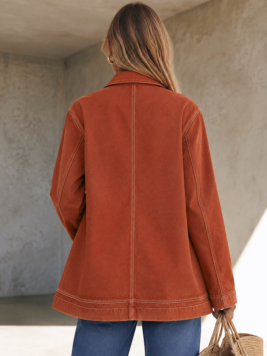 Rust Washed Utility Jacket Zip Front Oversized Pocket Coat