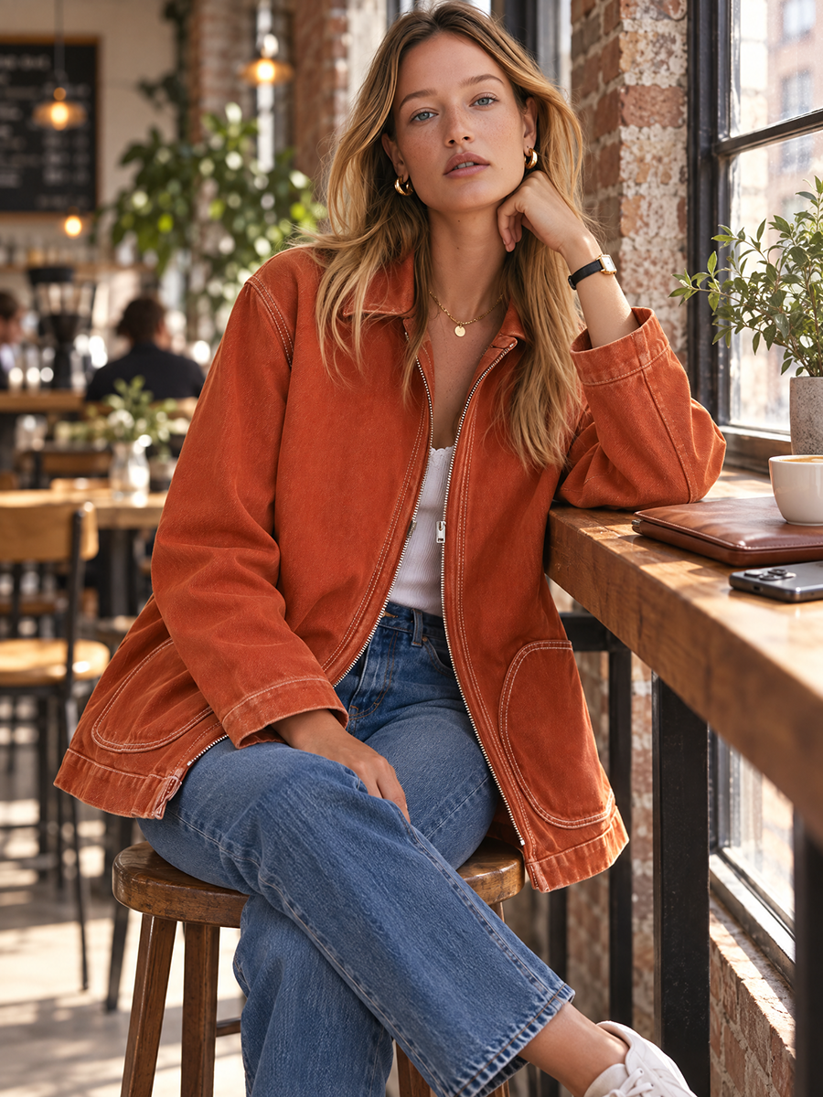 Rust Washed Utility Jacket Zip Front Oversized Pocket Coat