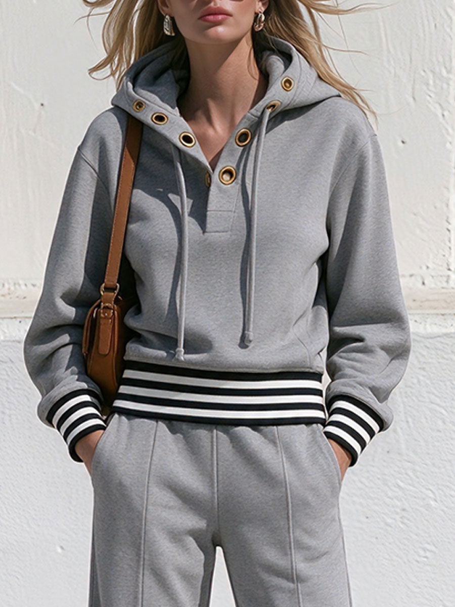 Retro Sporty Grey Cotton Eyelet Hoodie And Pants Set
