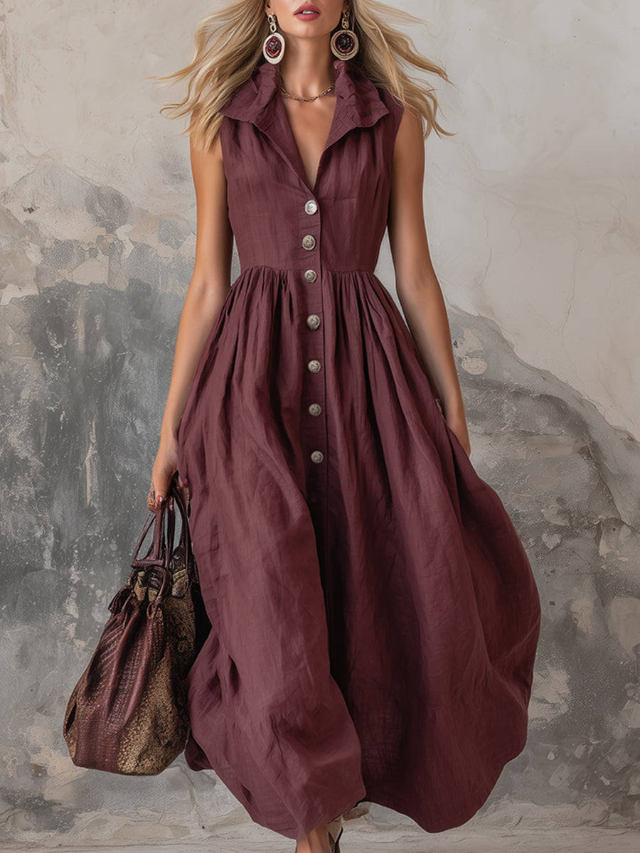 Elegant Zinfandel-colored Cotton And Linen Sleeveless Maxi Dress