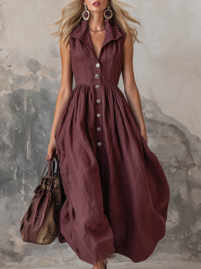Elegant Zinfandel-colored Cotton And Linen Sleeveless Maxi Dress