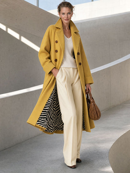 Retro Elegant Mustard Yellow Double-Breasted Zebra-Lined Wool Blend Coat
