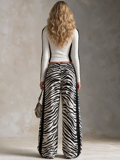 Casual Retro Black And White Color-blocked Zebra Print Faux Suede Pants
