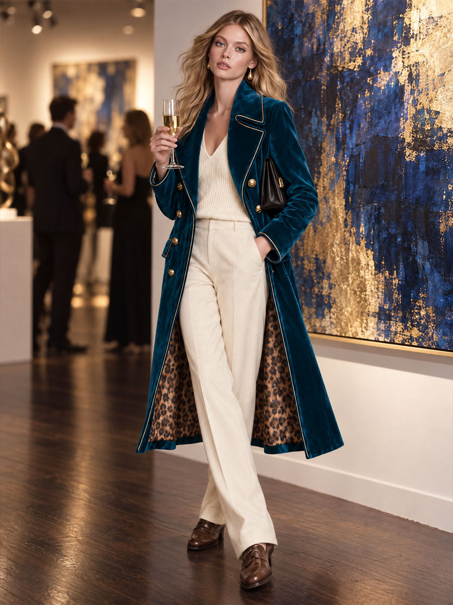 Retro Elegant Blue-green Velvet Double-breasted Leopard Print Velvet Coat