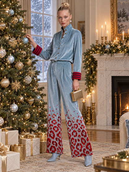 Retro-elegant Color-blocked Striped And Leopard Print Blue Velvet Shirt And Trousers Set