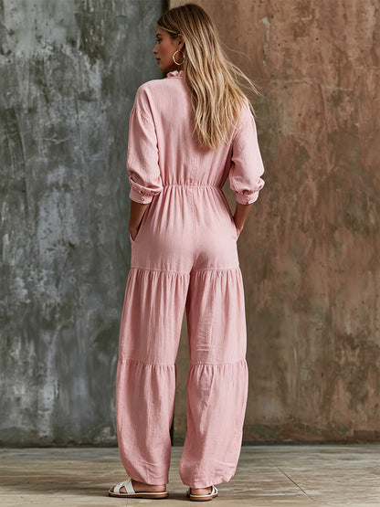 Retro-style Pink Ruffled V-neck Long-sleeved Cotton-linen Jumpsuit