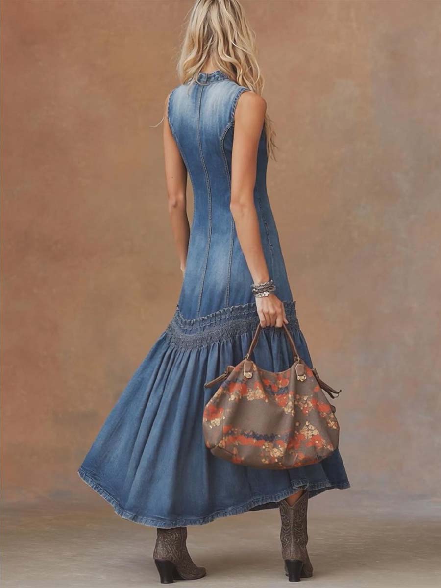 Western Dress | Oyrosy Bubble Hem Blue Denim Maxi OYROSY Western Dress | Oyrosy Bubble Hem Blue Denim Maxi OYROSY