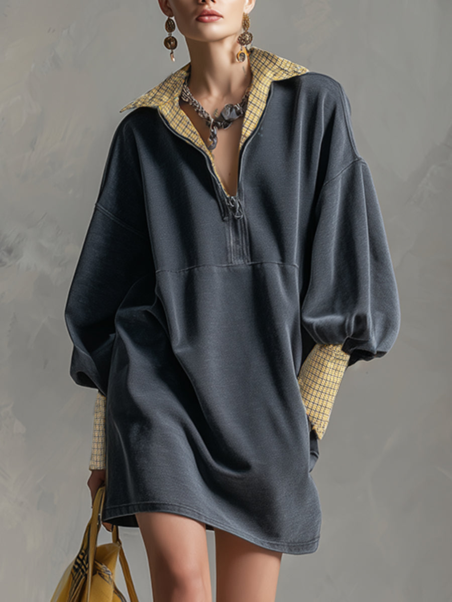 Casual Sporty Plaid Trim Gray Washed Cotton Sweatshirt Mini Dress