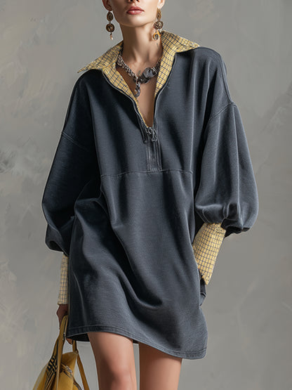 Casual Sporty Plaid Trim Gray Washed Cotton Sweatshirt Mini Dress