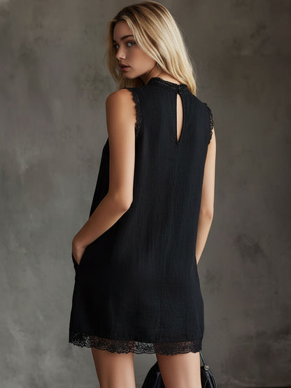 Fashionable Retro Lace Black Cotton Linen Sleeveless Mini Dress