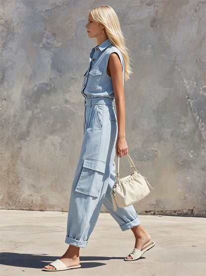 Casual Retro Blue Sleeveless Collared Cotton And Linen Shirt And Trousers Set