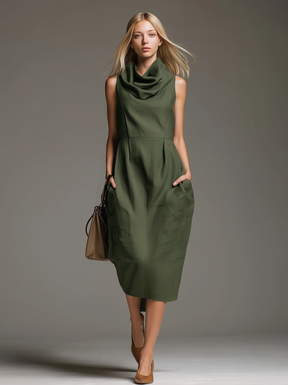 Casual And Stylish Sleeveless Cowl Neck And Pockets Midi Dress