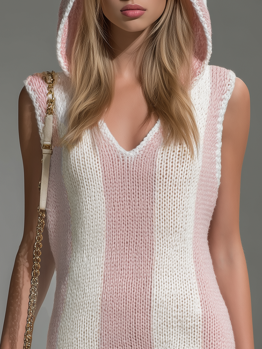Comfortable And Casual White And Pink Striped Knitted Mini Dress