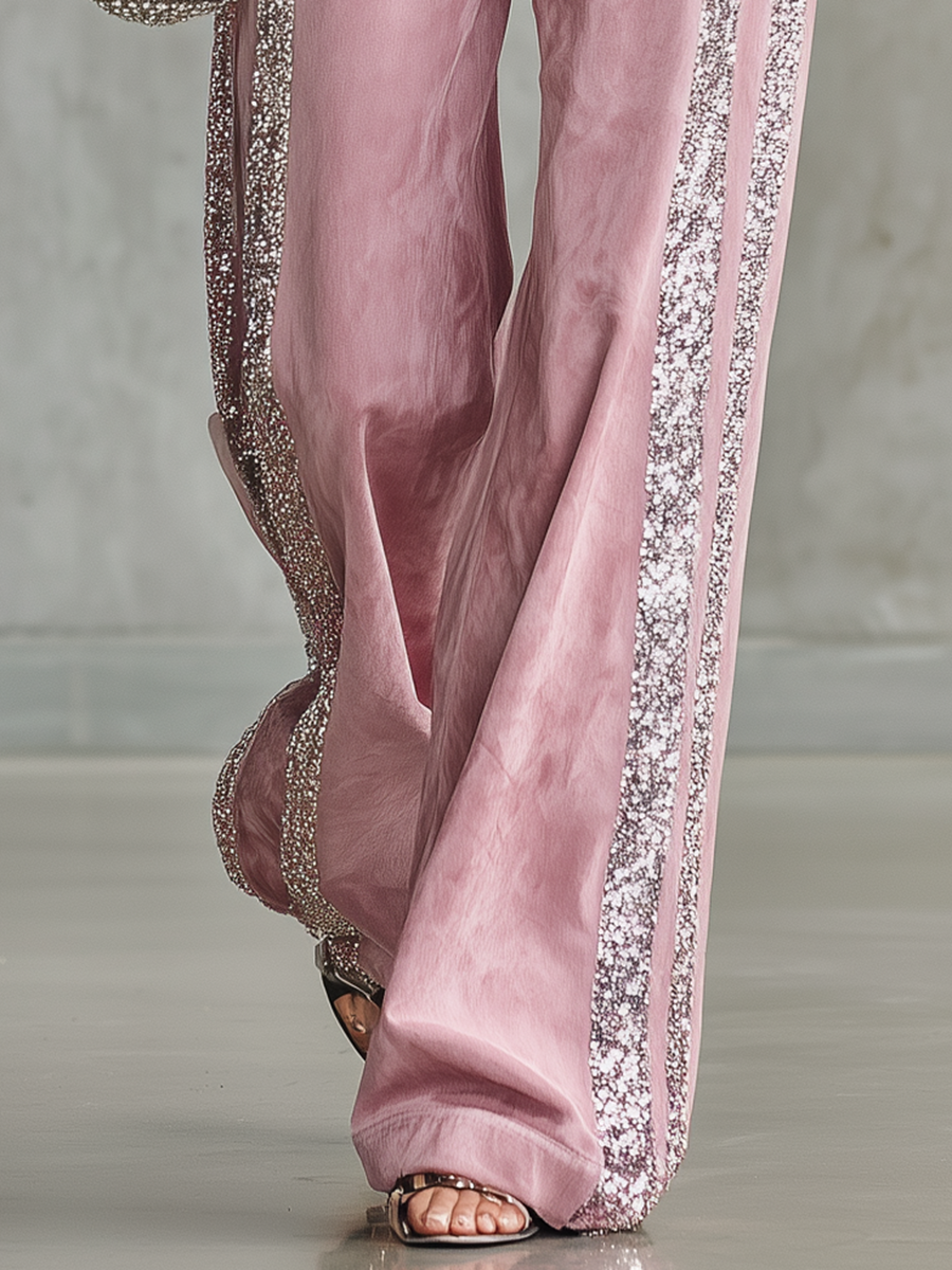 Retro-style Sequined Striped Faux Suede Wide-leg Pants