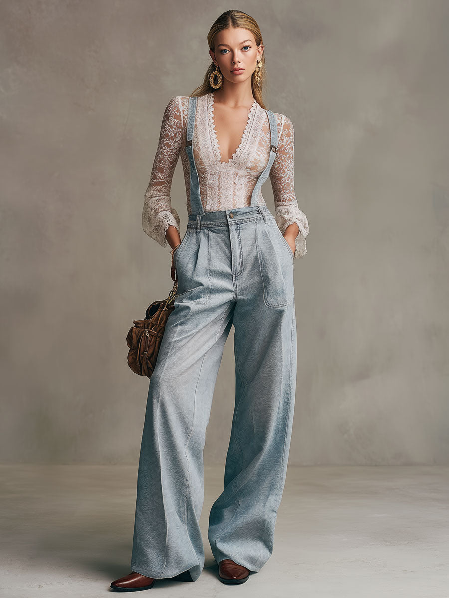 Casual Retro Light Blue Denim Wide-leg Overalls